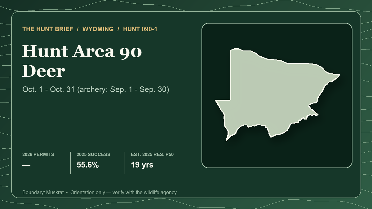 Actual Wyoming Muskrat deer Hunt Area 90 boundary silhouette beside the 2026 season, 55.6% 2025 harvest success and estimated 2025 resident draw timeline