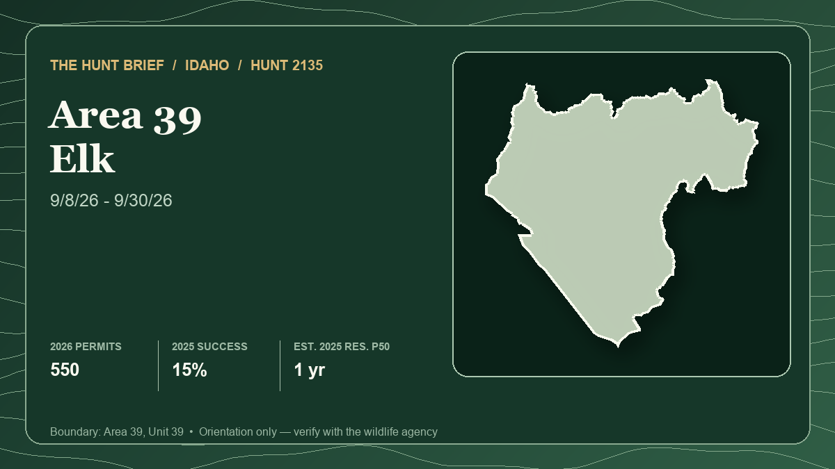 Boundary silhouette for Idaho antlerless muzzleloader elk Hunt 2135 in Area 39 with the September 8–30, 2026 season, 550-tag quota, 2025 harvest success and estimated 2025 resident draw timeline