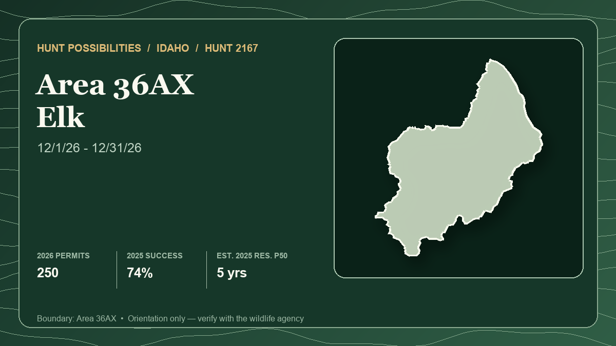 Representative lead-hunt card showing Idaho 2167 Area 36AX boundary and statistics for a four-hunt Idaho-Wyoming December cow elk comparison