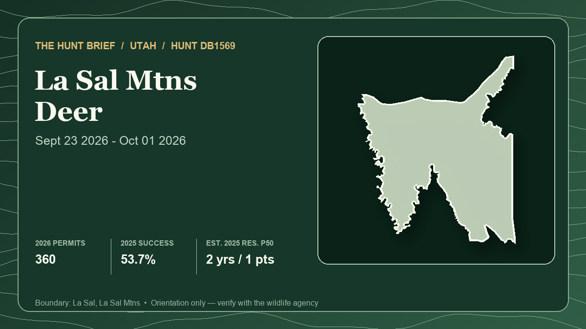 Boundary silhouette for Utah muzzleloader deer Hunt DB1569 in the La Sal Mountains with 2026 permit count, preliminary 2025 harvest success and an estimated 2025 resident draw timeline