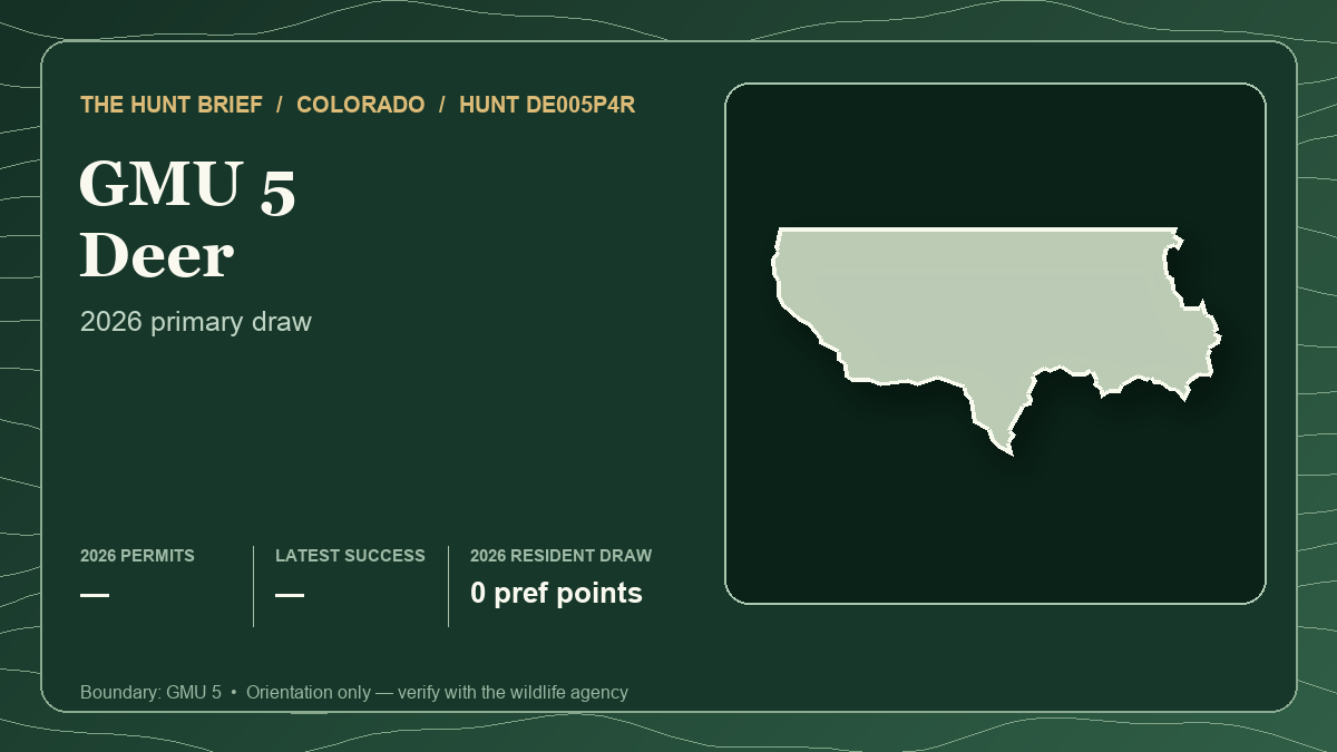 Boundary silhouette and 2026 resident draw threshold for Colorado private-land-only deer Hunt DE005P4R in GMU 5