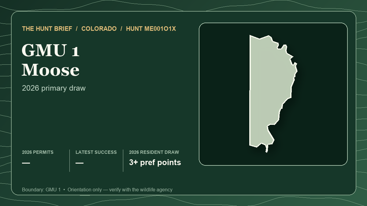 Actual Colorado GMU 1 boundary silhouette for season-choice moose Hunt ME001O1X, which is valid in GMUs 1 and 201, with its 2026 resident weighted-draw qualifier label