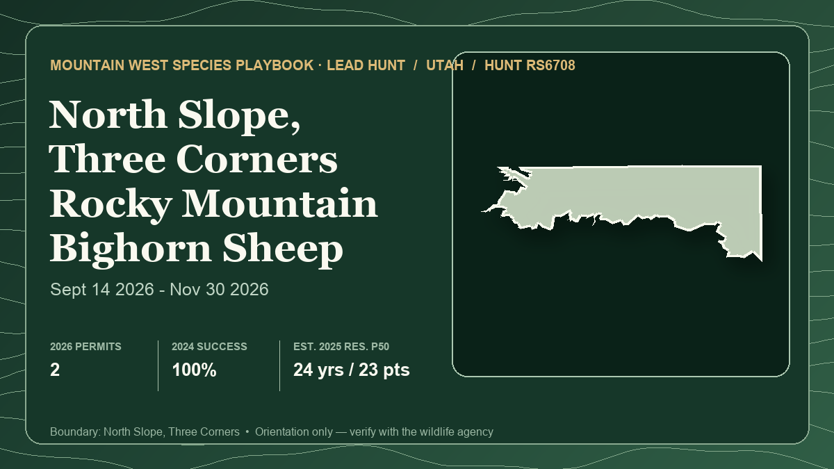 Representative lead-hunt card showing the Utah North Slope Three Corners RS6708 boundary and statistics for a three-hunt Rocky Mountain bighorn comparison